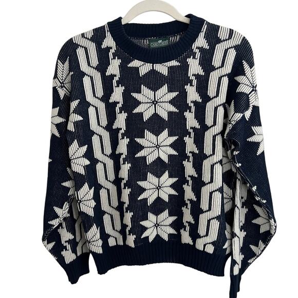 Cabin Creek Sweaters - Navy Snowflake Fair Isle Sweater Cabin Creek Women 90s Vintage Sz Small Sz Med